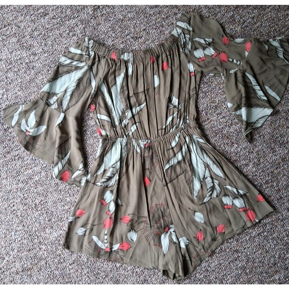 Express Olive Green Floral Off-The-Shoulder Romper - Boho Bell Sleeve